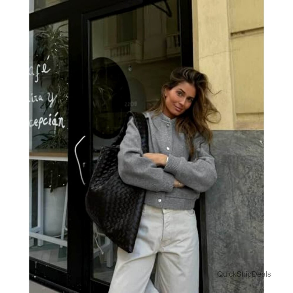 Cropped Bomber Jacket Wool Blend Button Down Long… - image 2